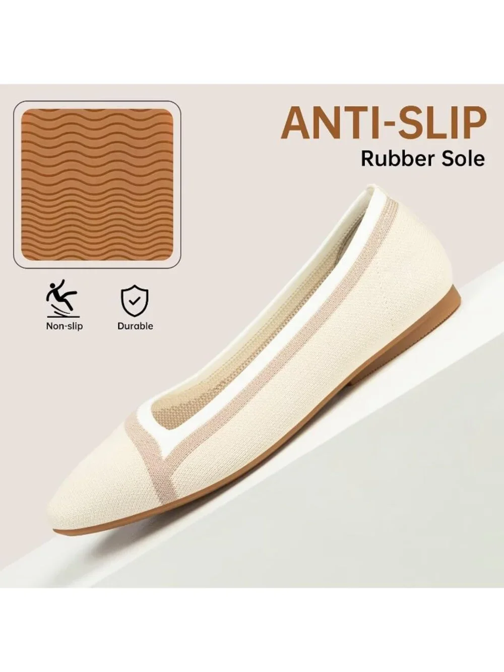 Frank Mully Women's Beige Rubber Knitted Square Toe Comfortable Slip On Flats
